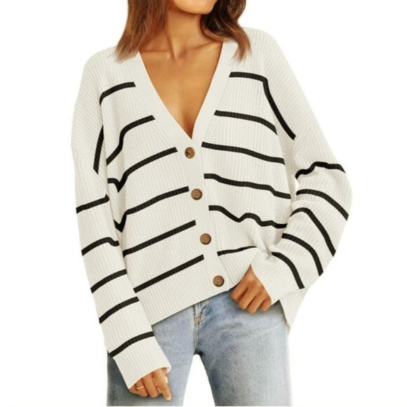 Lillusory Black & Cream Stripe Cardigan Sweater Button Down Relaxed Loose Fit S - Picture 11 of 14